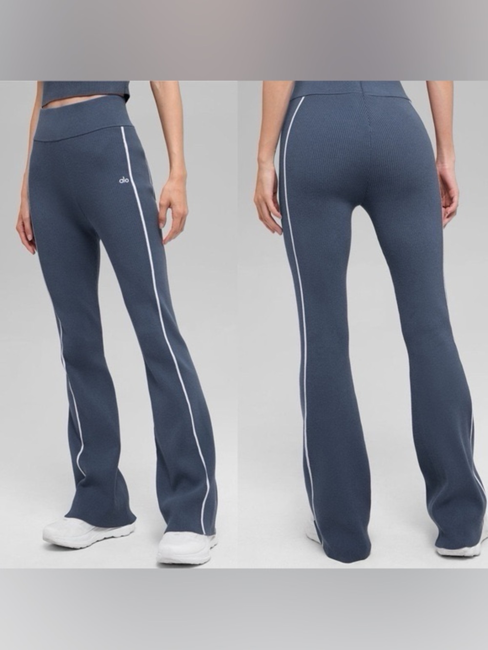Alo Yoga Ribbed Sweater Knit Highline Flare Pant Size XS Bluestone/White